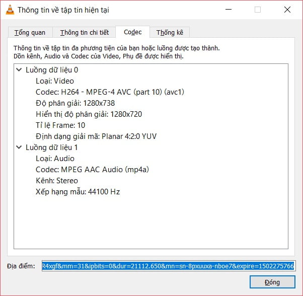 Bảng thông tin Codec trong phần mềm download playlist youtube VLC