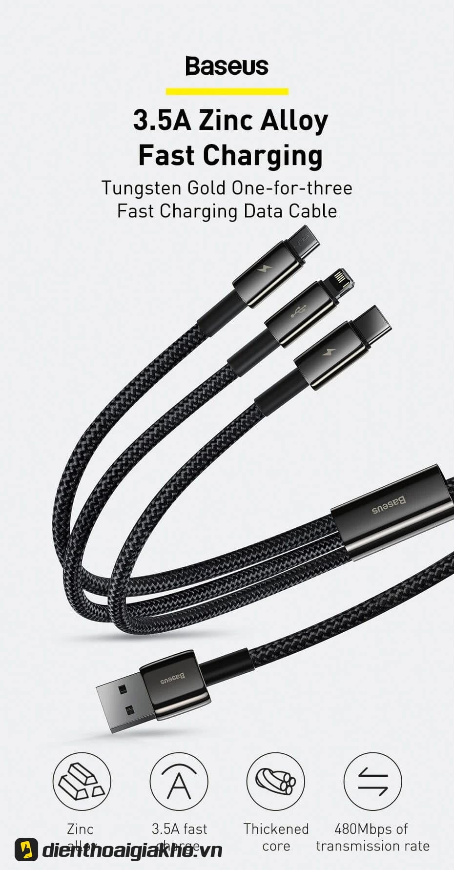 Cáp Baseus Tungsten Gold 3-in-1 Fast Charging USB to M+L+C 3.5A (1.5m)