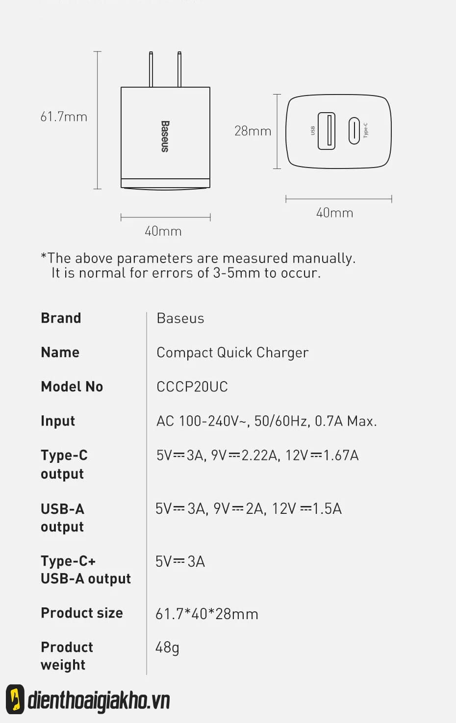 Củ Sạc Baseus Compact Quick Charger U+C 20W CN