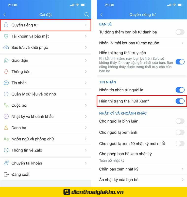 Cách tắt bật chế độ đã xem trên zalo