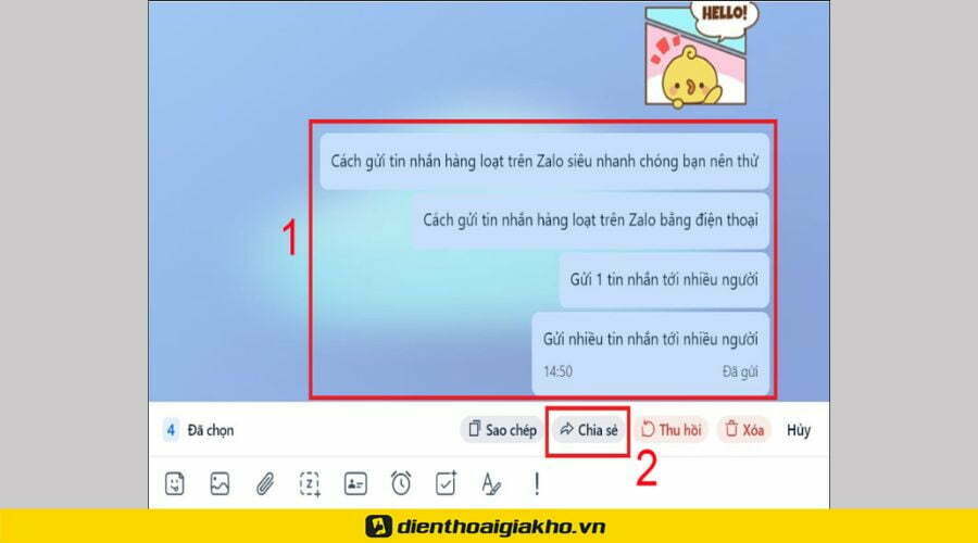 gửi tin nhắn hàng loạt trên zalo - Nhấn chọn Chia sẻ (biểu tượng mũi tên cong từ trái sang phải)