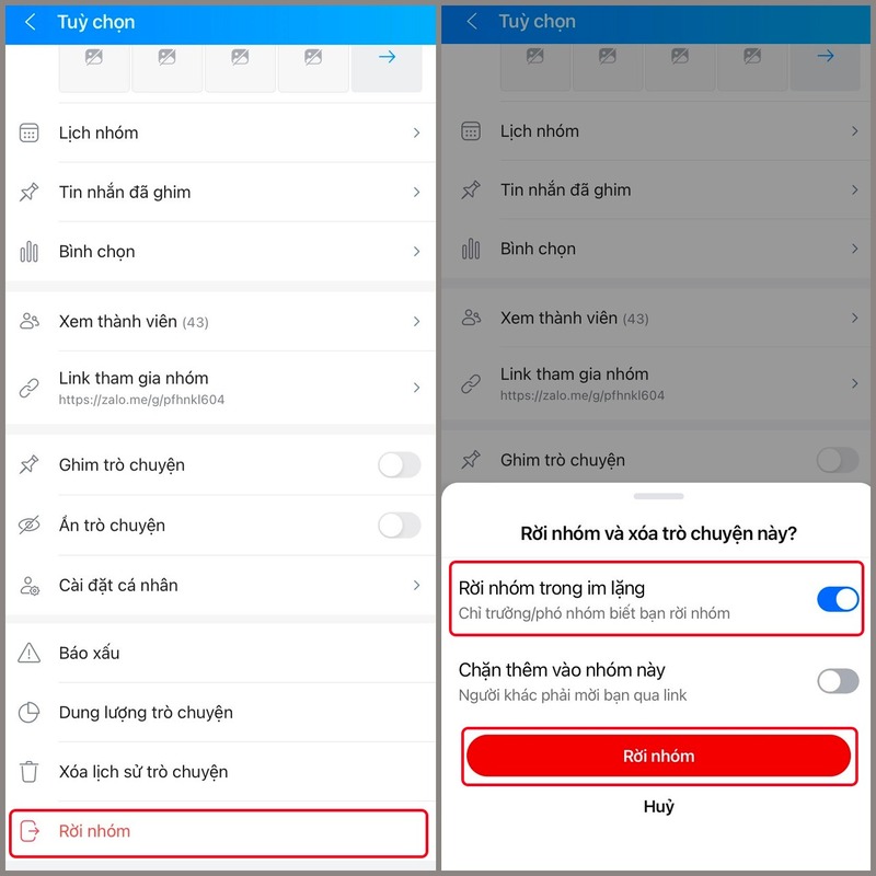 rời nhóm zalo trong im lặng