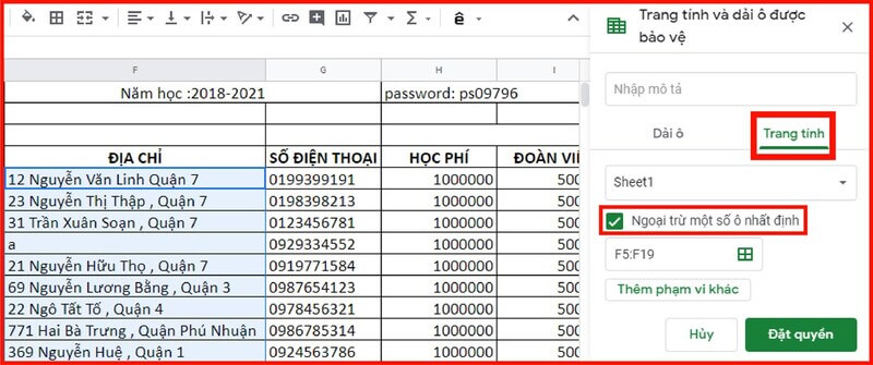 Thêm trường hợp ngoại trừ khi khóa toàn bộ Google Sheet