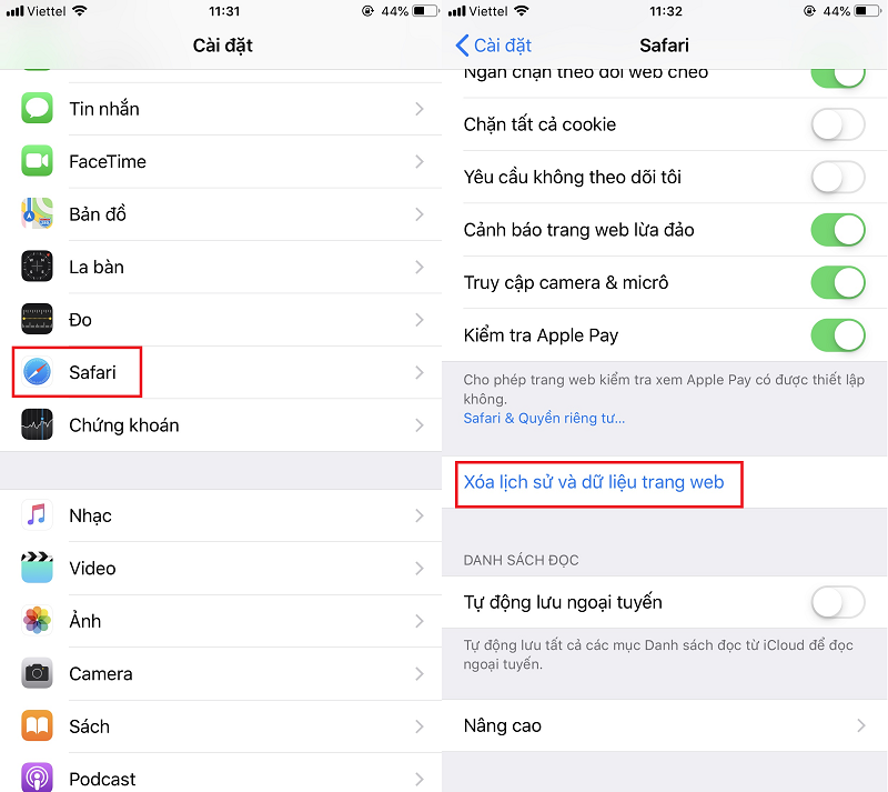 Xóa lịch sử và dữ liệu duyệt web Safari