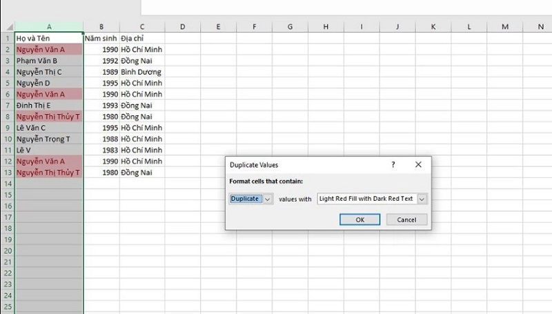 cách tìm trùng lặp trong excel