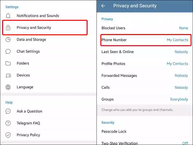 Ẩn số điện thoại trên Telegram cho thiết bị Android