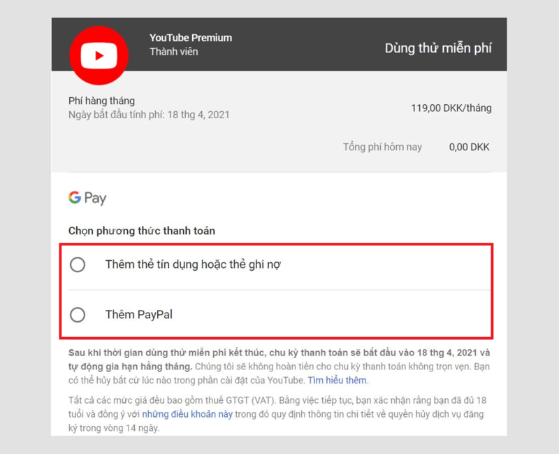 Phương thức thanh toán khi đăng ký tài khoản Youtube Premium
