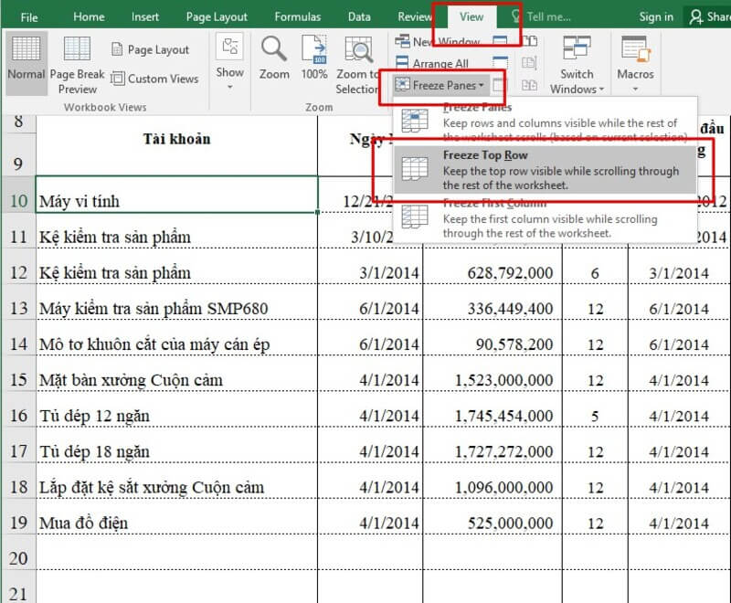 cách đóng băng hàng trong Google Sheet