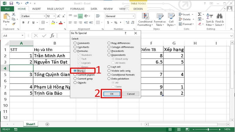 Sử dụng tổ hợp phím Ctrl + G để thực hiện cách xóa dòng trống trong Excel