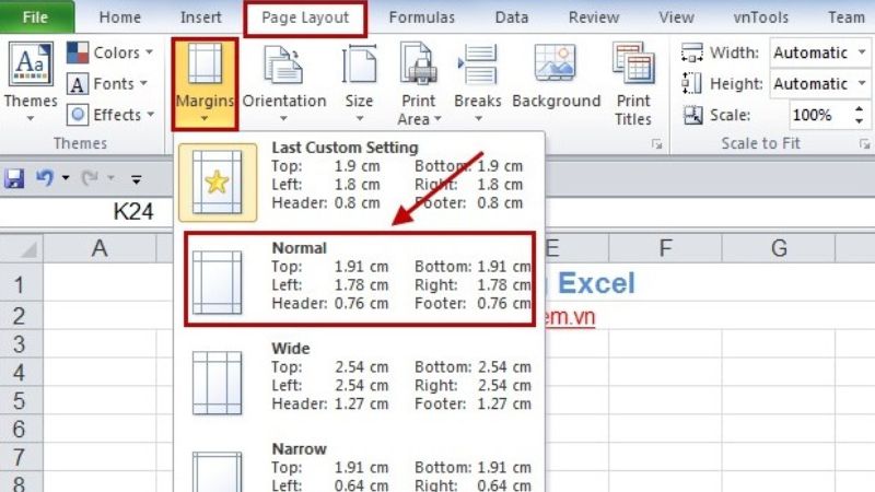 Căn chỉnh lề trong excel