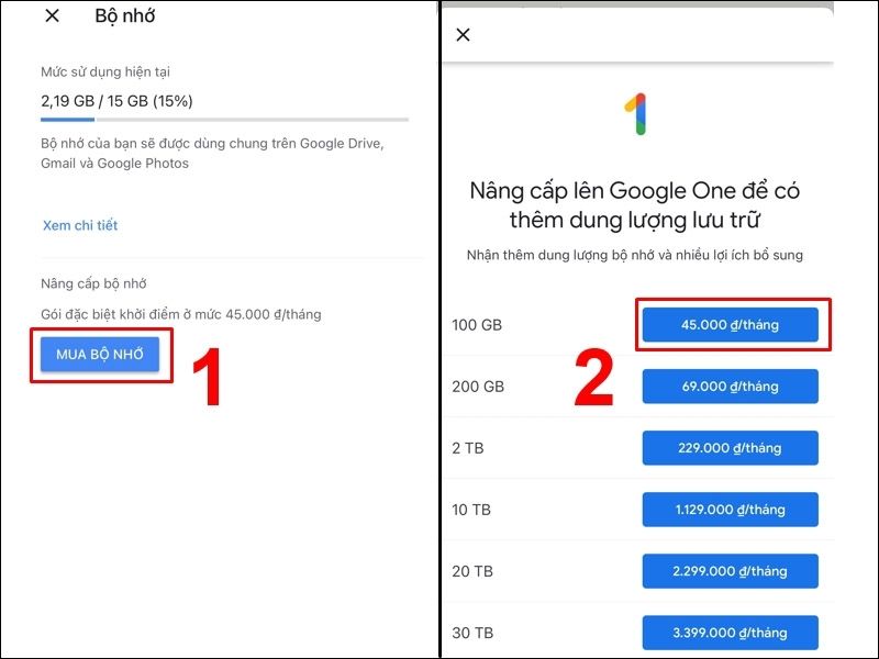 Mua dung lượng qua Google Drive