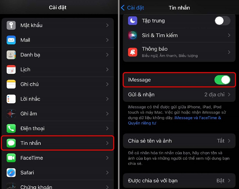 bật imessage trên iphone