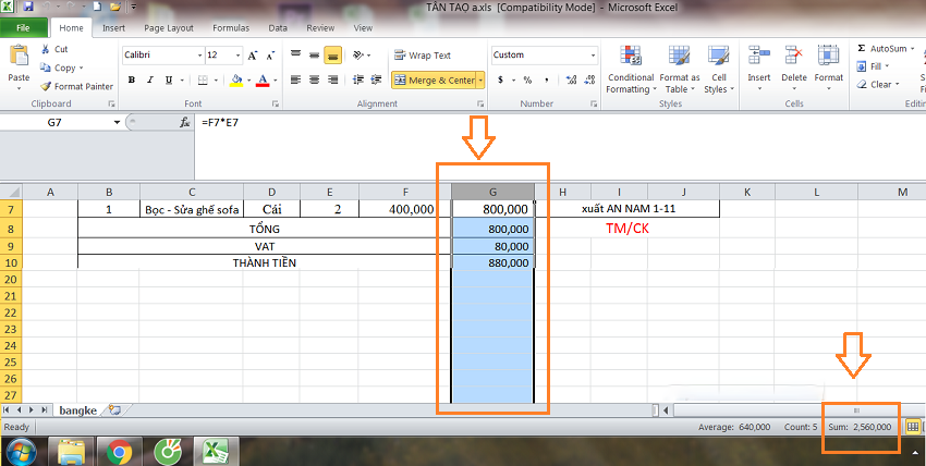 Cách tính tổng hàng dọc trong Excel