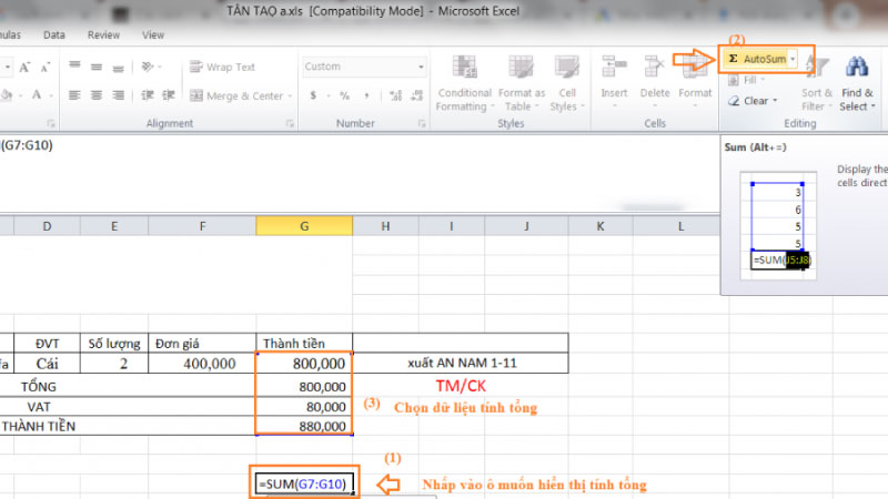 cách tính tổng hàng dọc trong excel