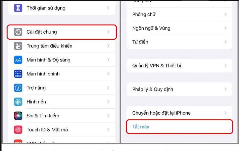 Tắt nguồn trong phần Cài đặt