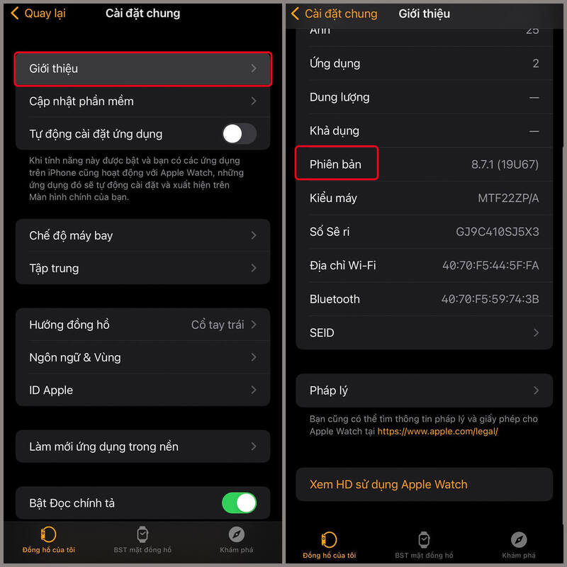Kiểm tra iMei và số serial của Apple Watch ở phần giới thiệu