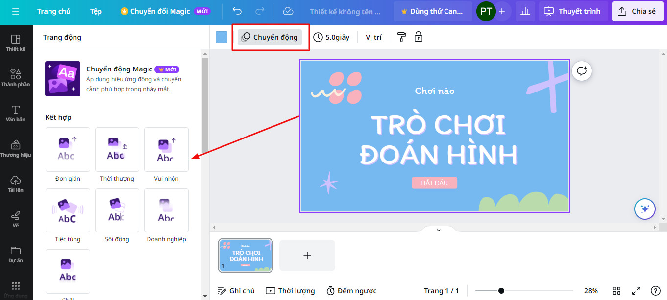 Tạo hiệu ứng và chuyển động cho slide trên Canva