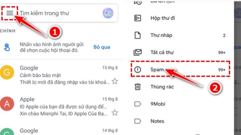 hop thu spam trong gmail tren den thoai