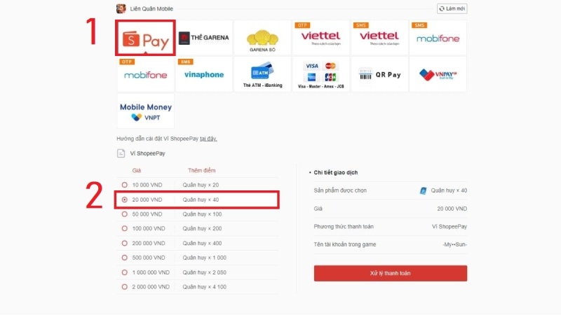 Cách nạp thẻ Garena bằng tài khoản ngân hàng trong ví điện tử Shopee Pay