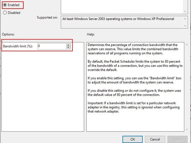 Kích hoạt Limit Reservable Bandwidth