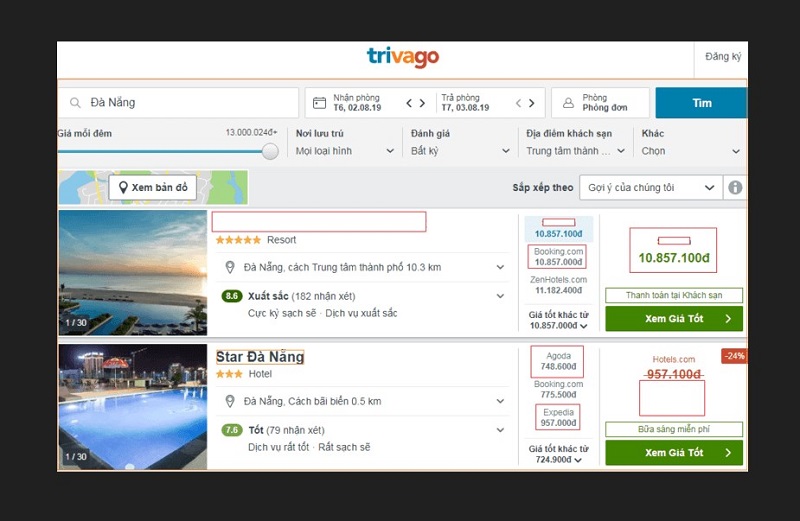 Cách tìm hotel gần đây trên Trivago