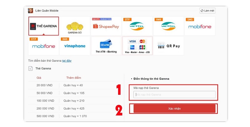 Nạp quân huy Liên Quân bằng thẻ Garena