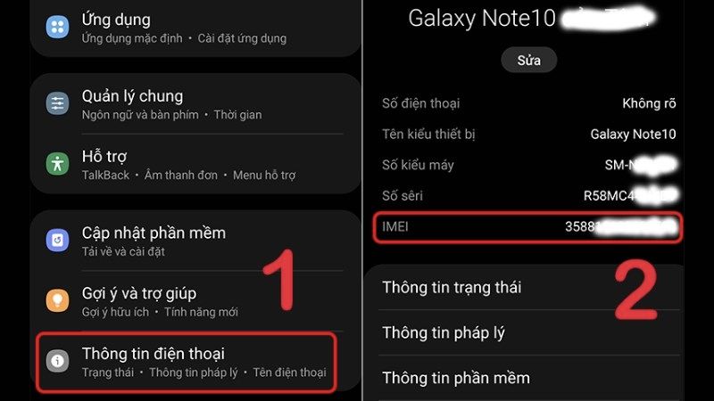 Kiểm tra IMEI qua cài đặt điện thoại Samsung