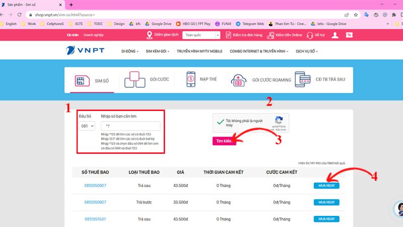 thao tác mua sim online