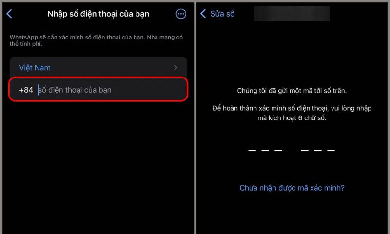 Nhập số điện thoại của bạn theo đúng mã vùng và đợi mã xác nhận từ WhatsApp