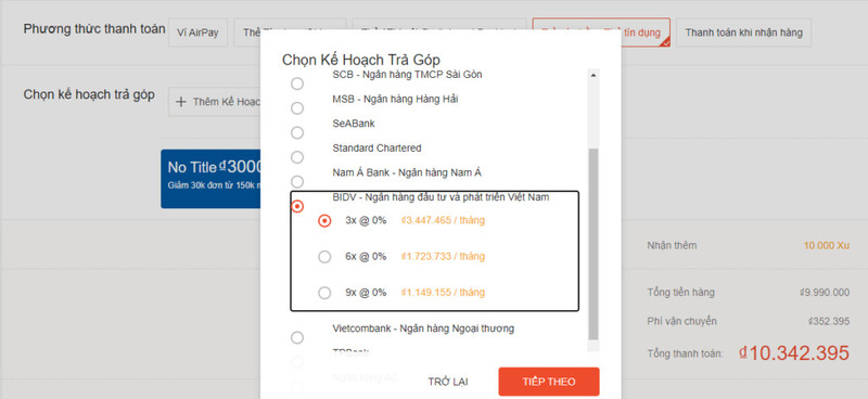 Chọn phương thức thanh toán trả góp bằng thẻ tín dụng