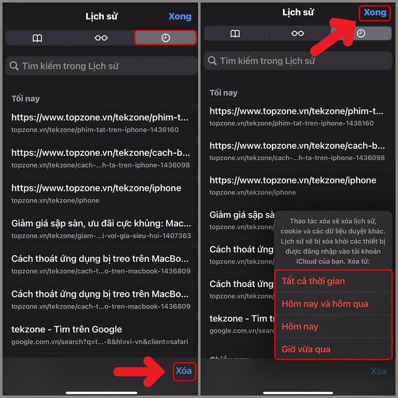 Xóa lịch sử duyệt web trực tiếp