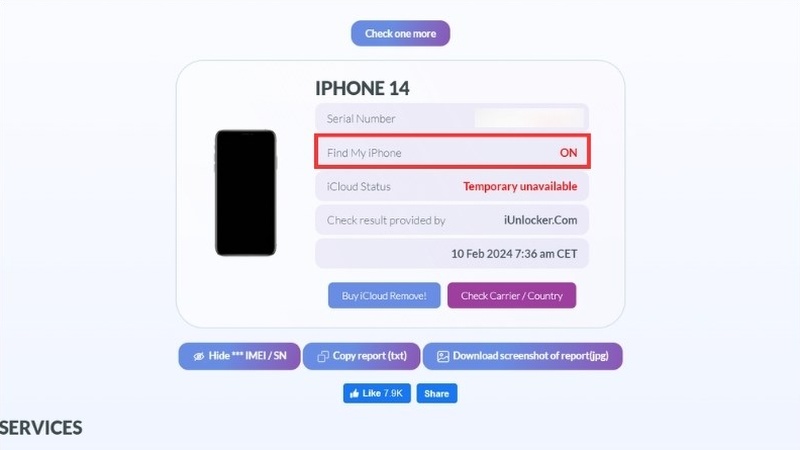 Check iCloud ẩn qua trang web iUnlocker 2