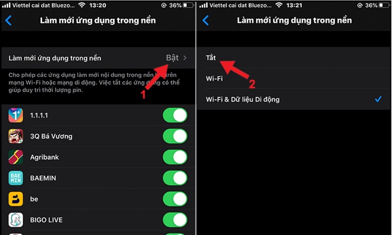 Tắt tính năng làm mới ứng dụng khắc phục pin tụt nhanh