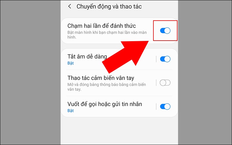 chạm 2 lần mở màn hình samsung