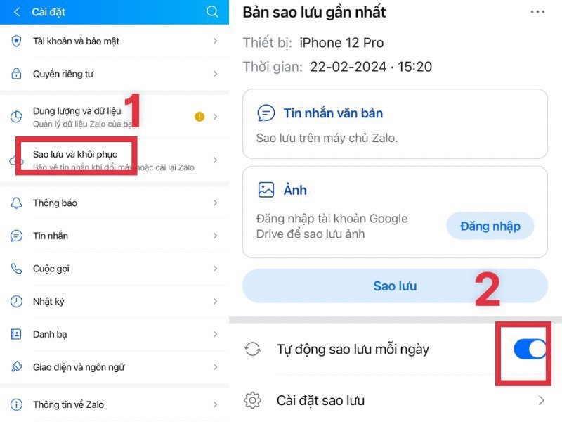 Cách bật sao lưu tin nhắn tự động trên Zalo