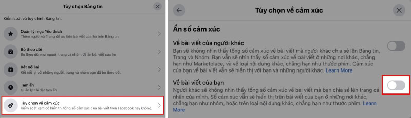 cách tắt like trên Facebook bằng điện thoại