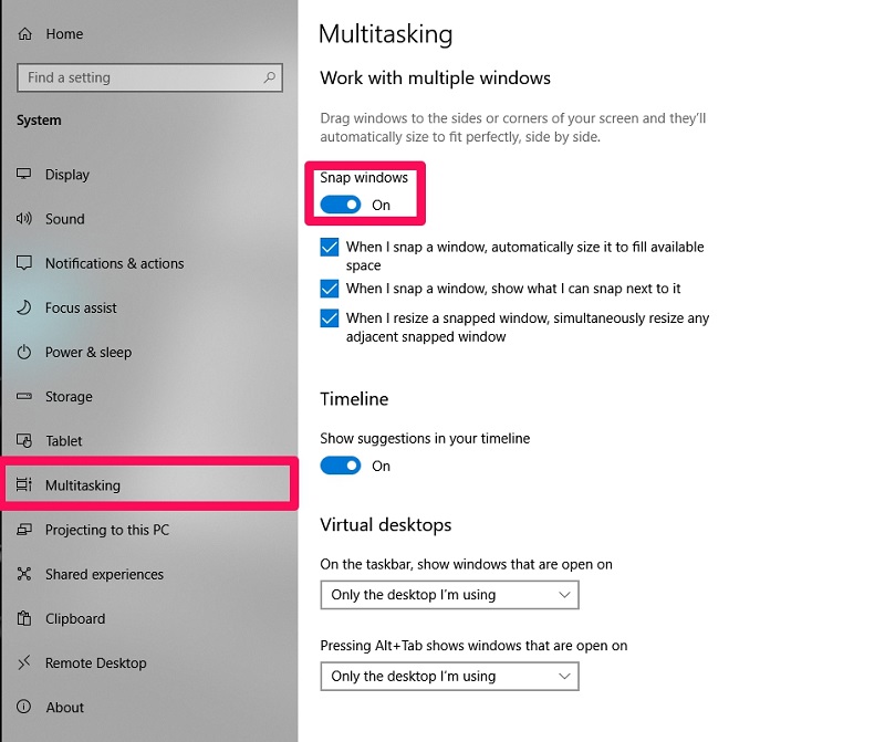 Chọn Snap windows để kích hoạt tính năng chia màn hình