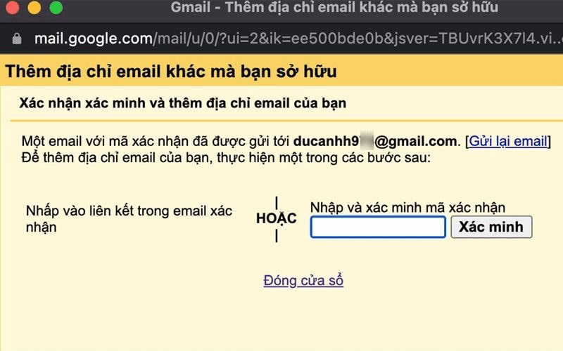 Thông tin xác minh sẽ nằm trong hộp thư đến