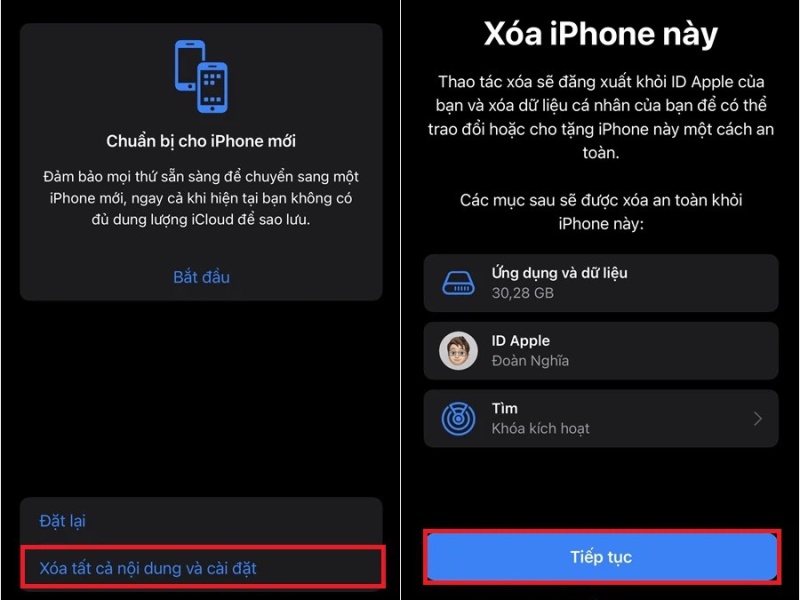 Xóa tất cả nội dung và cài đặt