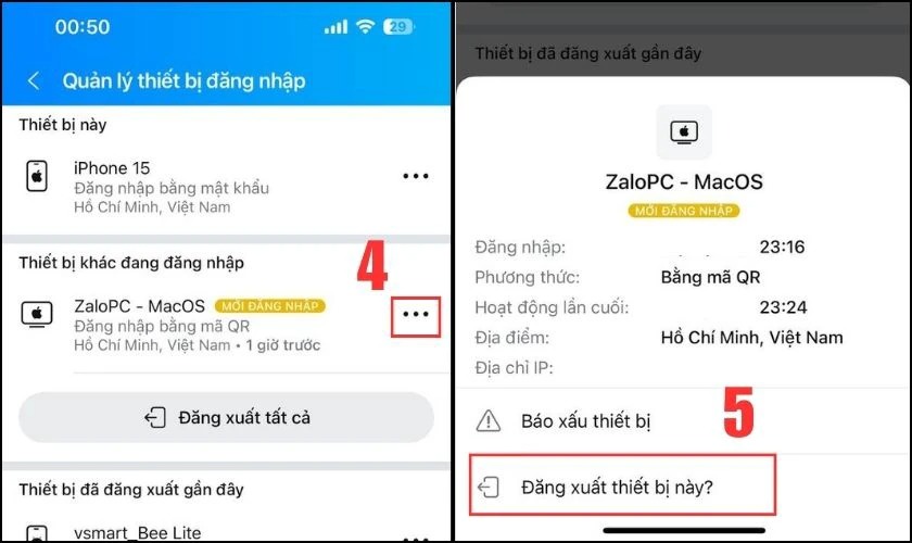 chọn vào dấu 3 chấm và bấm đăng xuất thiết bị ấy.