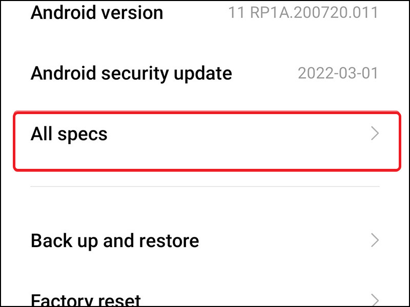 nhấn chọn vào mục All Specs