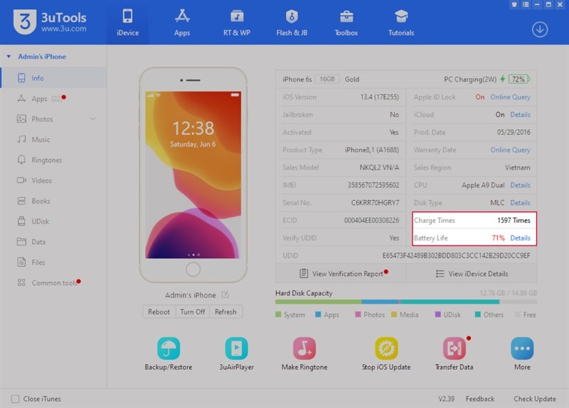 cách kiểm tra độ chai pin iphone bằng 3utools