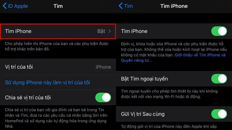 Nhấn chọn vào mục Tìm và kích hoạt chế độ Tìm iPhone