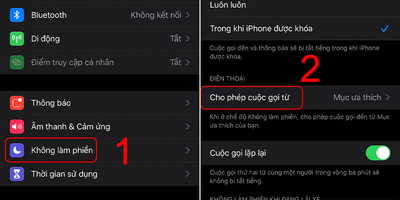 Chọn mục không làm phiền từ phần cài đặt trên iPhone