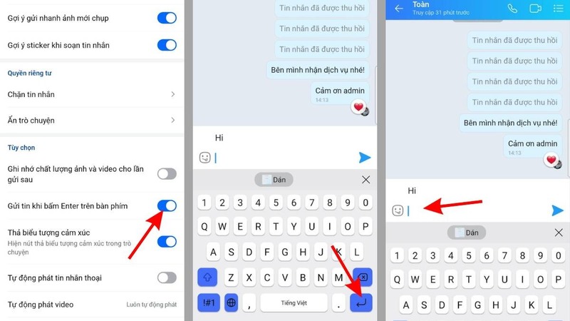 Nhấn vào nút gạt bên cạnh dòng Gửi tin khi bấm Enter trên bàn phím
