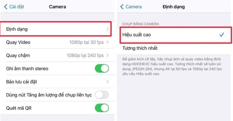 Chọn hiệu suất cao trên cài đặt camera iPhone