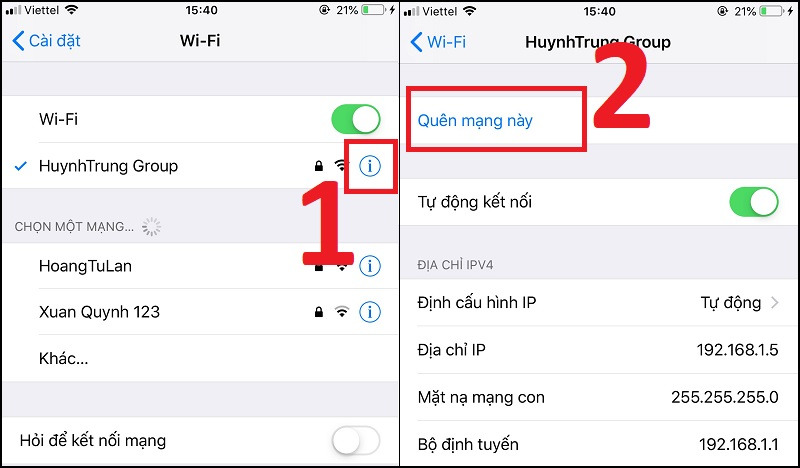 Chọn tính năng quên mạng Wi-Fi
