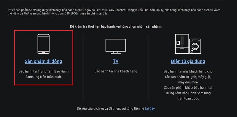 Kiểm tra qua Website của Samsung