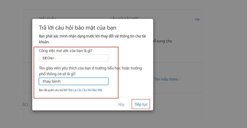 Trả lời các câu hỏi bảo mật để lấy lại mật khẩu