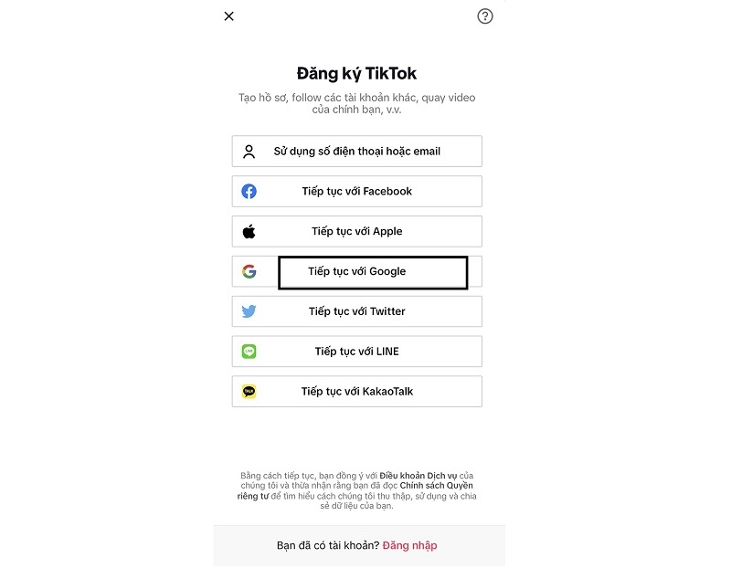 Chọn tiếp tục với Google